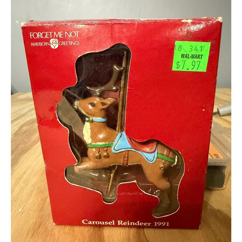 Vintage American Greetings Ornament Forget‎ Me Not Carousel Reindeer 1991